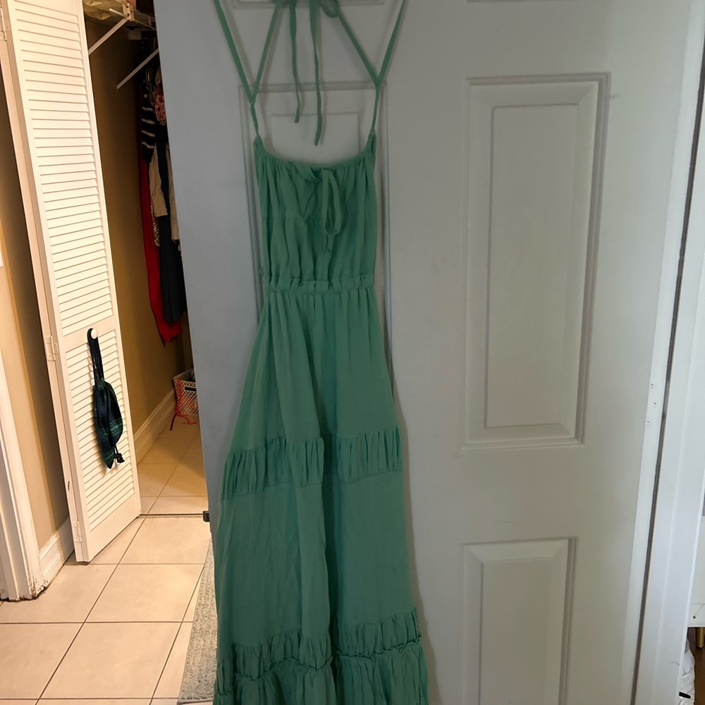 Green Maxi Dress with Spaghetti Straps and Ruffled Tiers